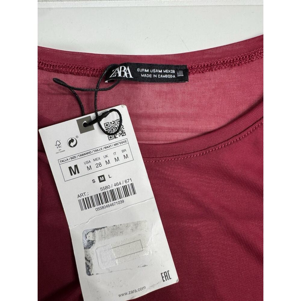 Zara NWT Sheer Womens Medium Red Burgundy Ruched Blouse Top Tunic Mini Dress - Picture 4 of 6